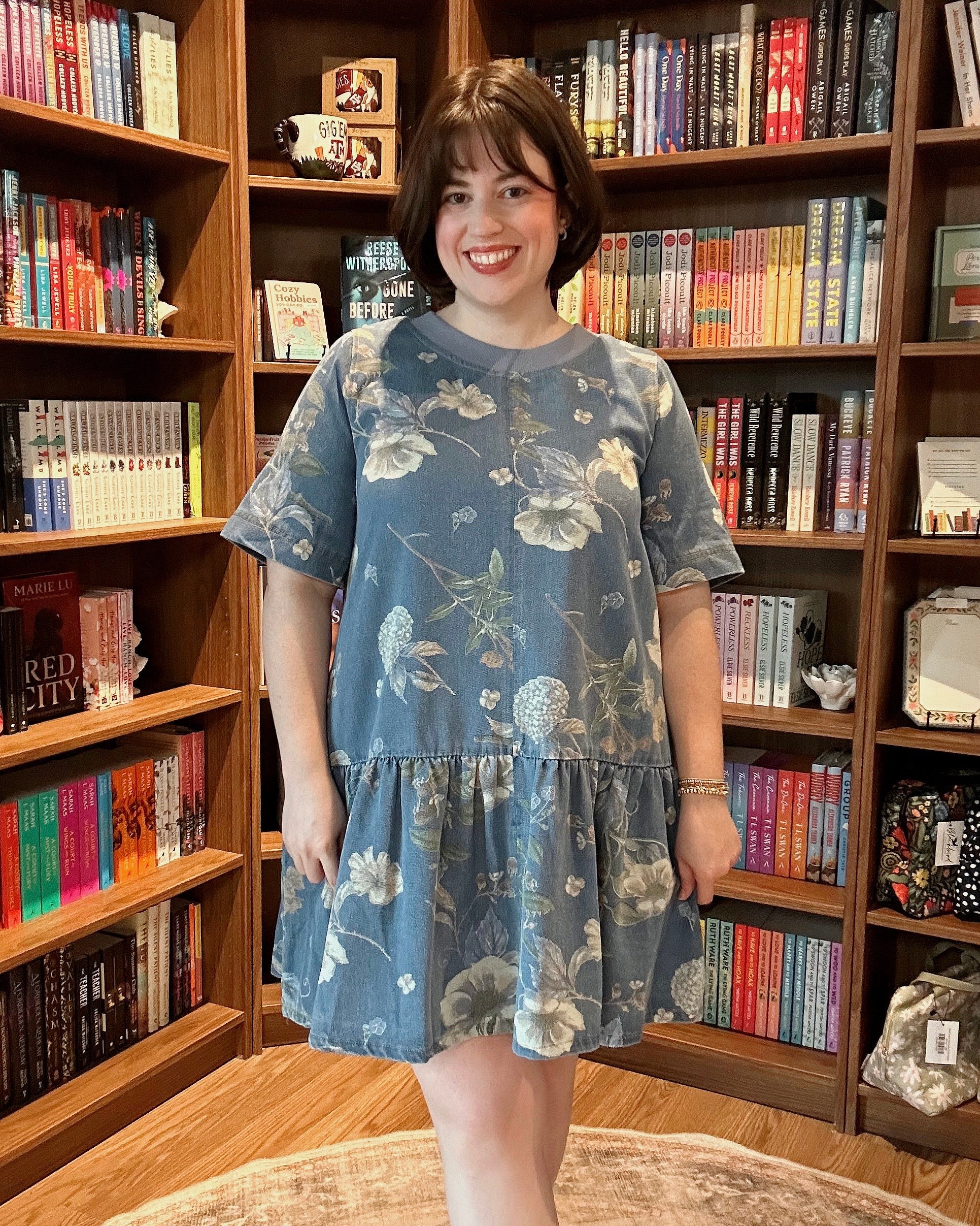 Botanical Short Sleeve Mini Denim Dress - Blackbird Boutique