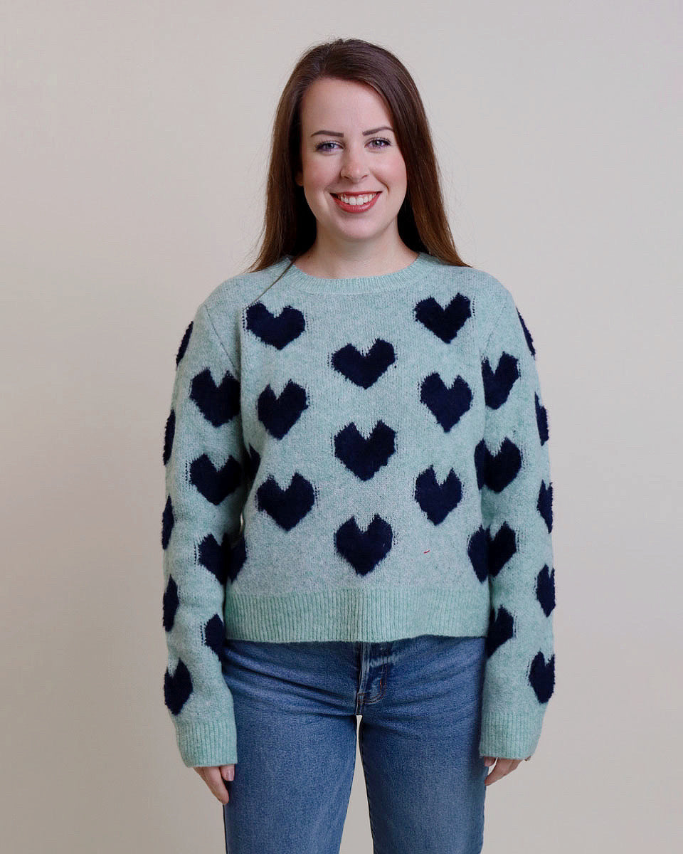 Fuzzy Heart Sweater in Jade Cream - Blackbird Boutique