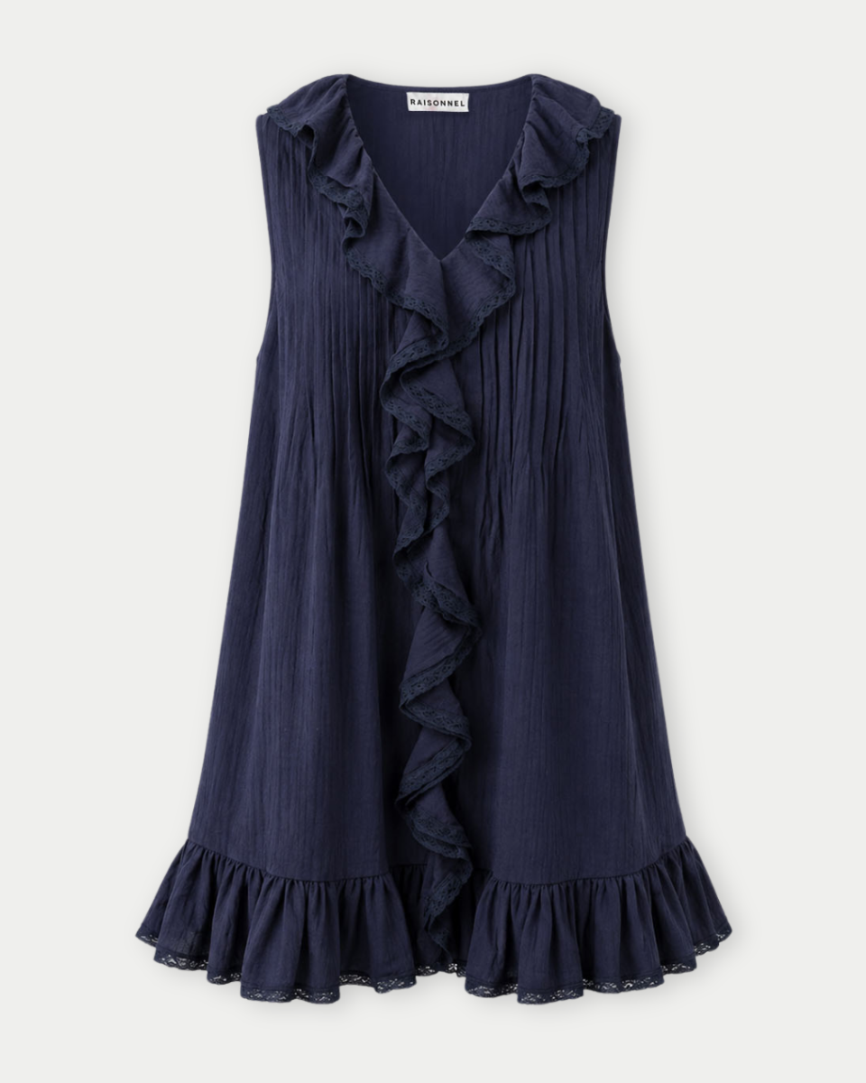 Raisonnel Navy blue dress with ruffles on a white background