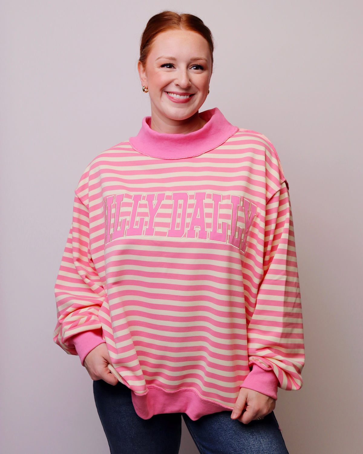 'DILLY DALLY' Mock Neck Sweatshirt - Pink Stripe