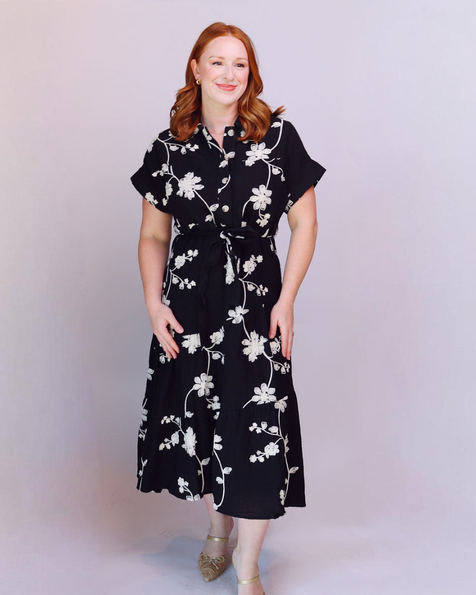 Delilah Belted Embroidered Button Down Shirt Dress