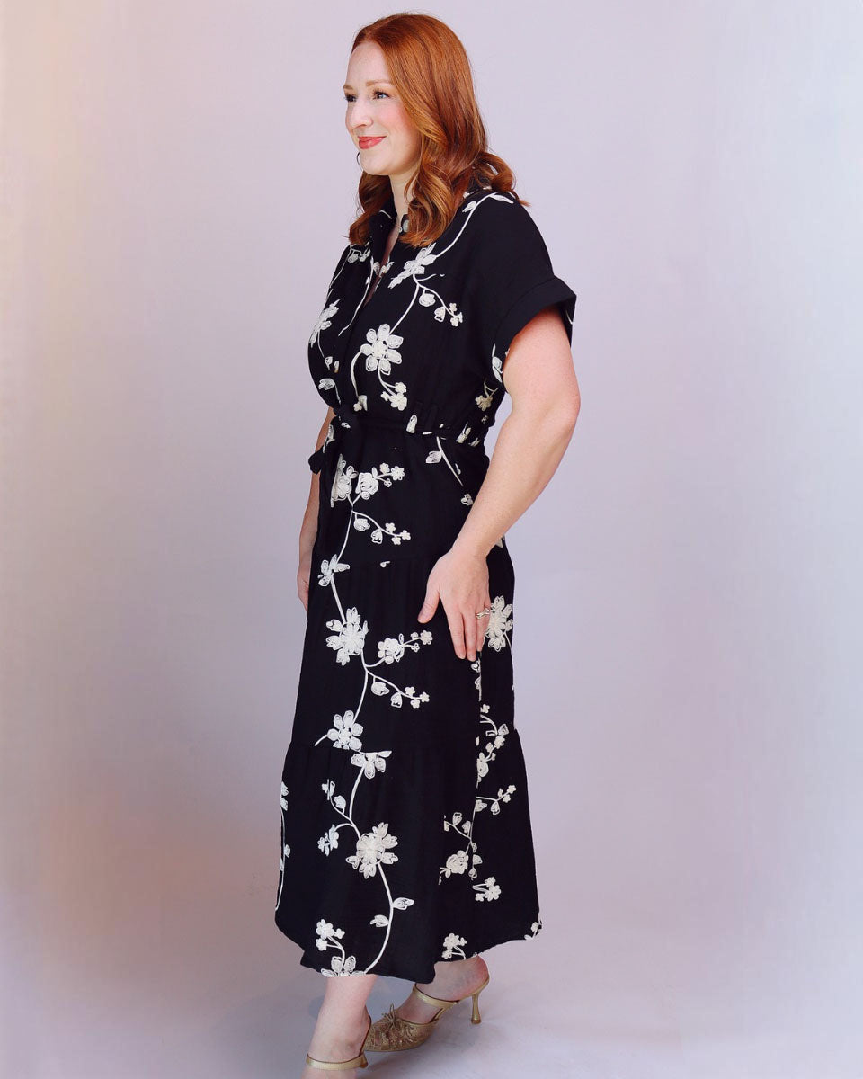 Delilah Belted Embroidered Button Down Shirt Dress