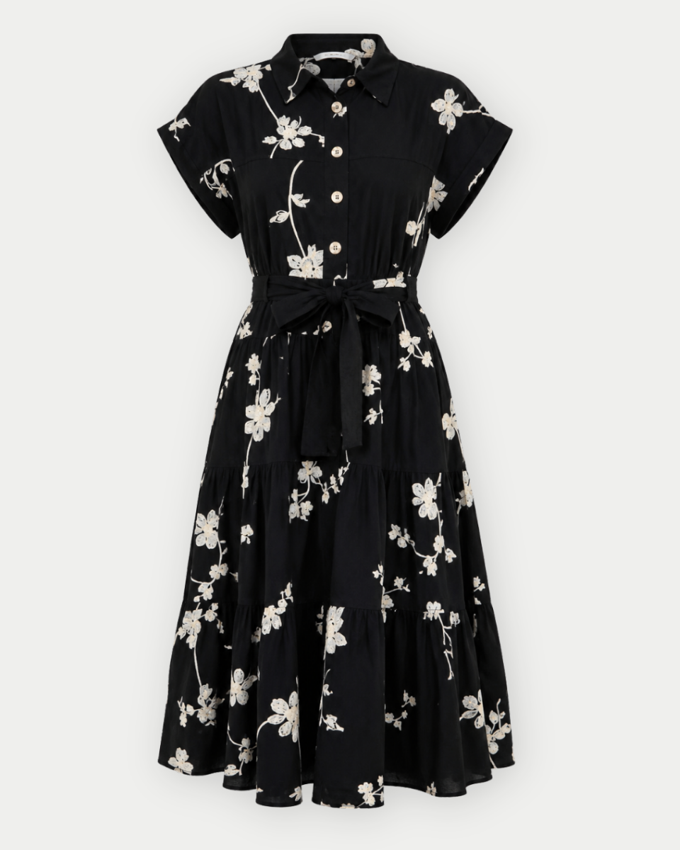 Delilah Belted Embroidered Button Down Shirt Dress