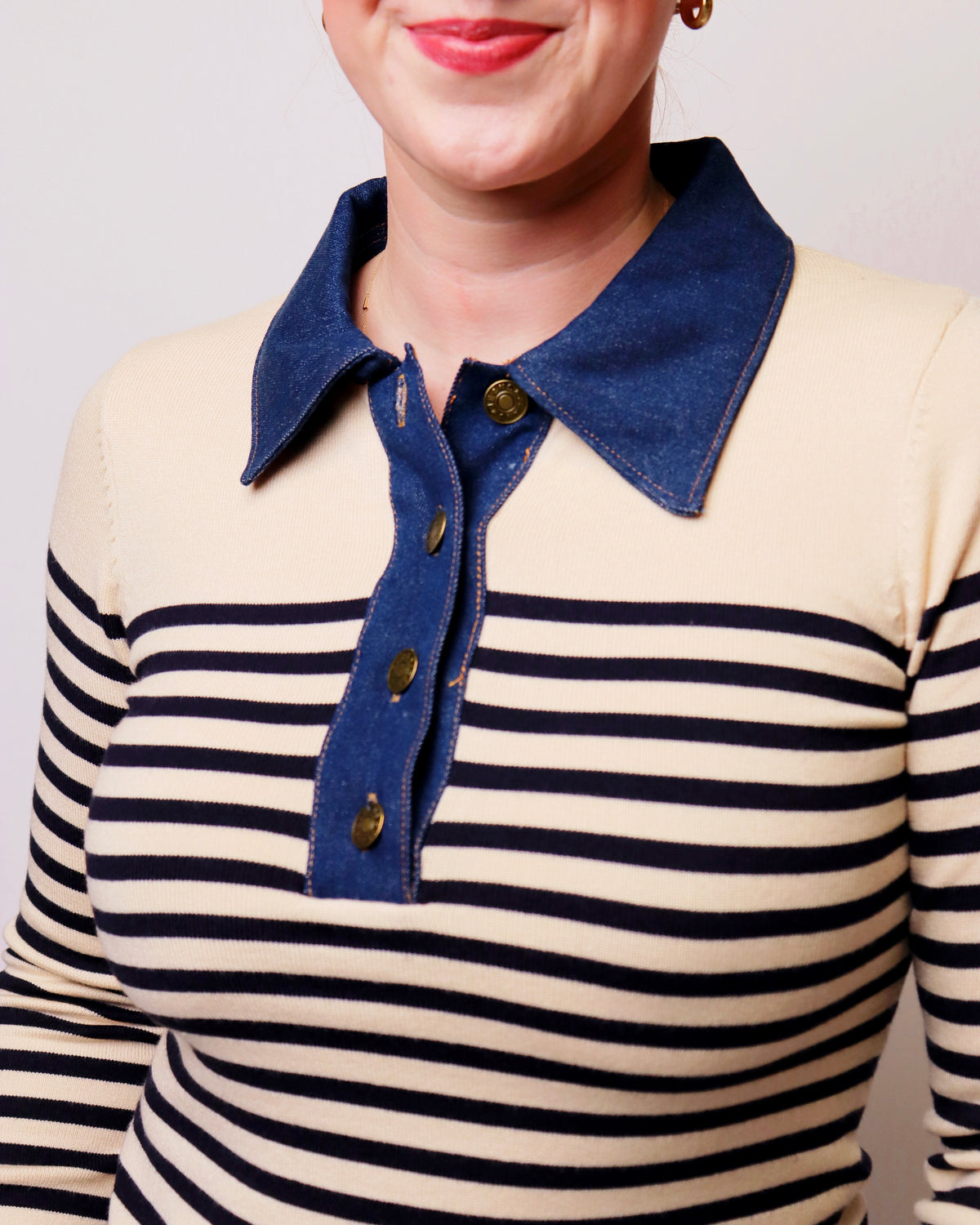 Denim Contrast Collar Striped Knit Sweater
