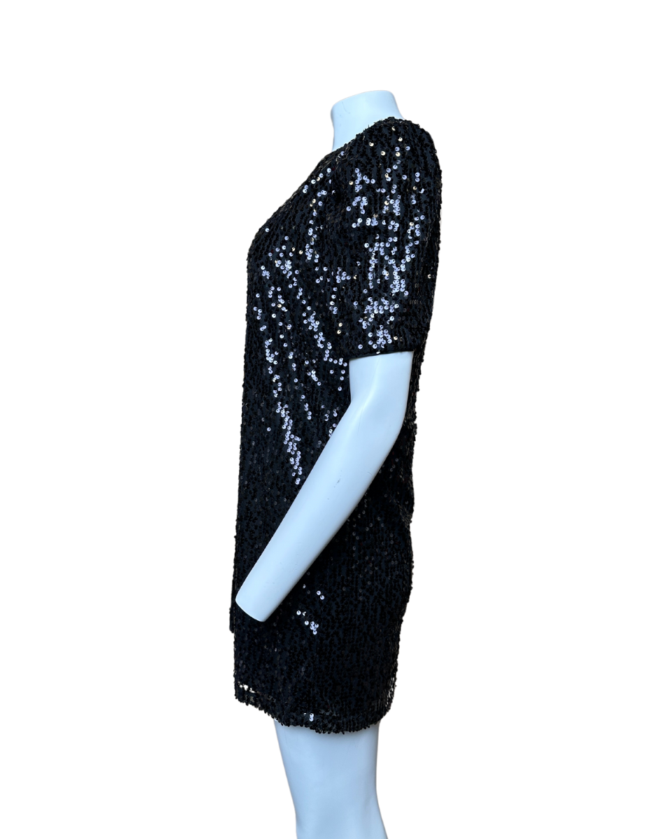 Round Neck Puff Shoulder Sequin Dress in Black - Blackbird Boutique