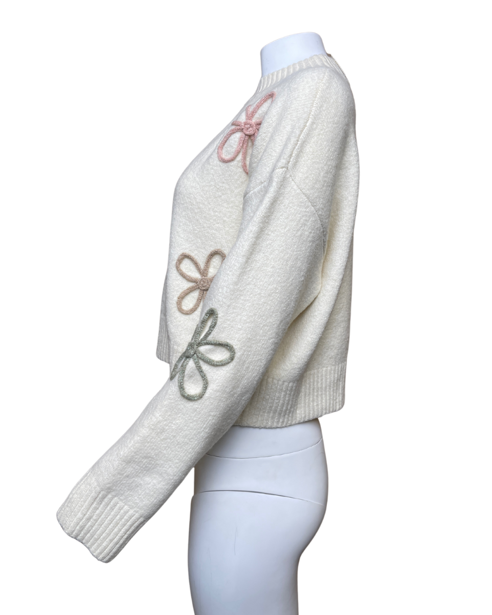 Soft Mock Neck Sweater with Floral Appliques in Cream