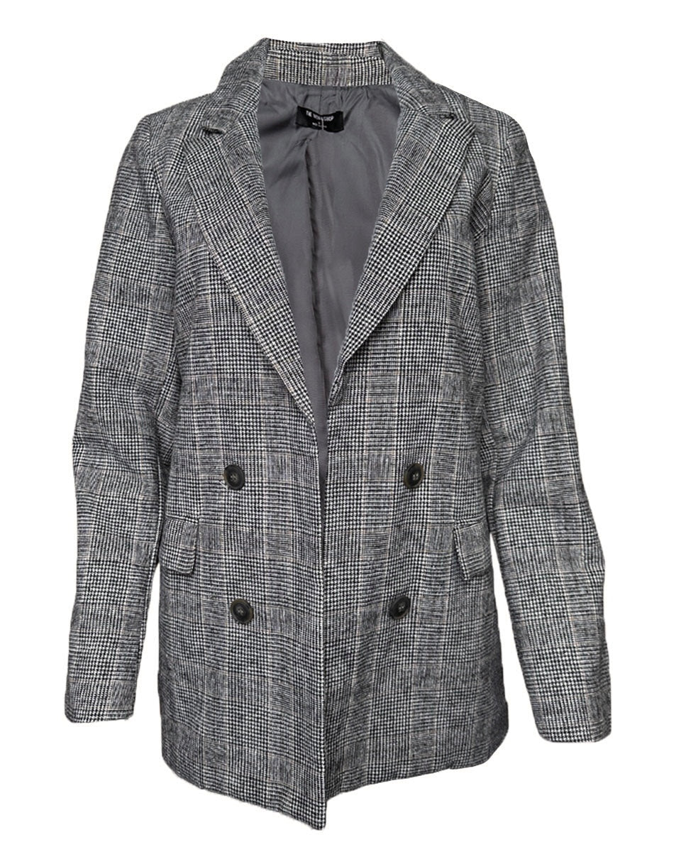 Plaid Long Sleeve Front Button Blazer in Charcoal