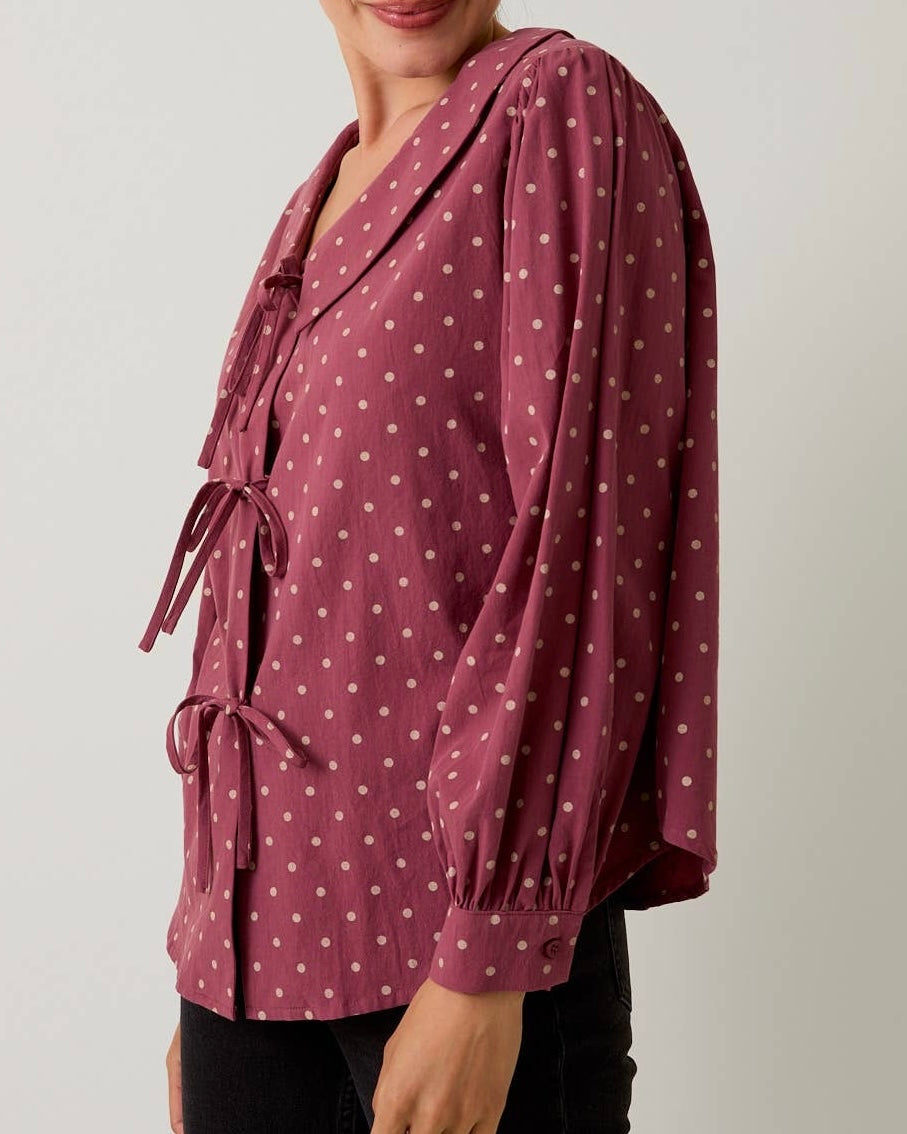 Front Tie Long Sleeve Polka Dot Shirt - Blackbird Boutique