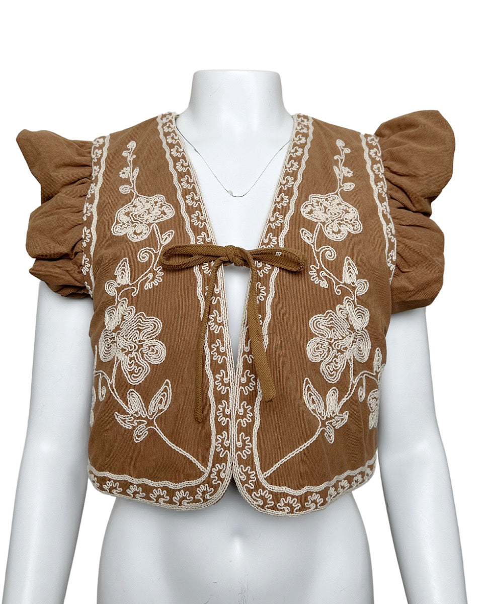 Embroidered Cropped Vest with Ruffled Sleeves