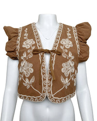 Embroidered Cropped Vest with Ruffled Sleeves