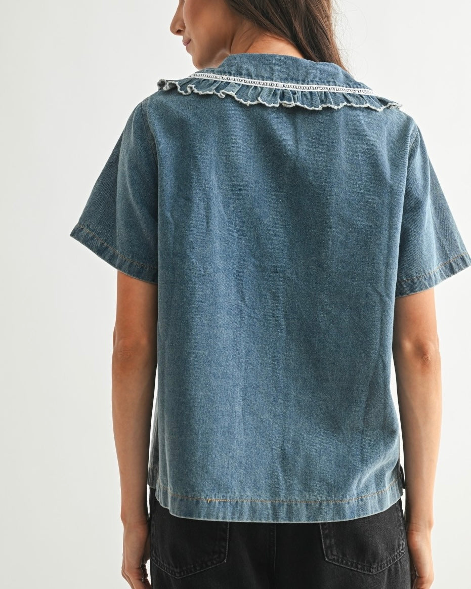 Denim Blouse with Ruffled Collar - Blackbird Boutique