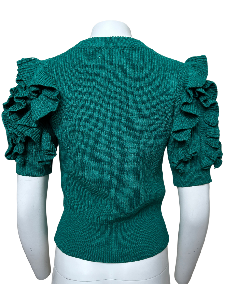 RUFFLE DETAIL PULL ON SWEATER - PINE GREEN