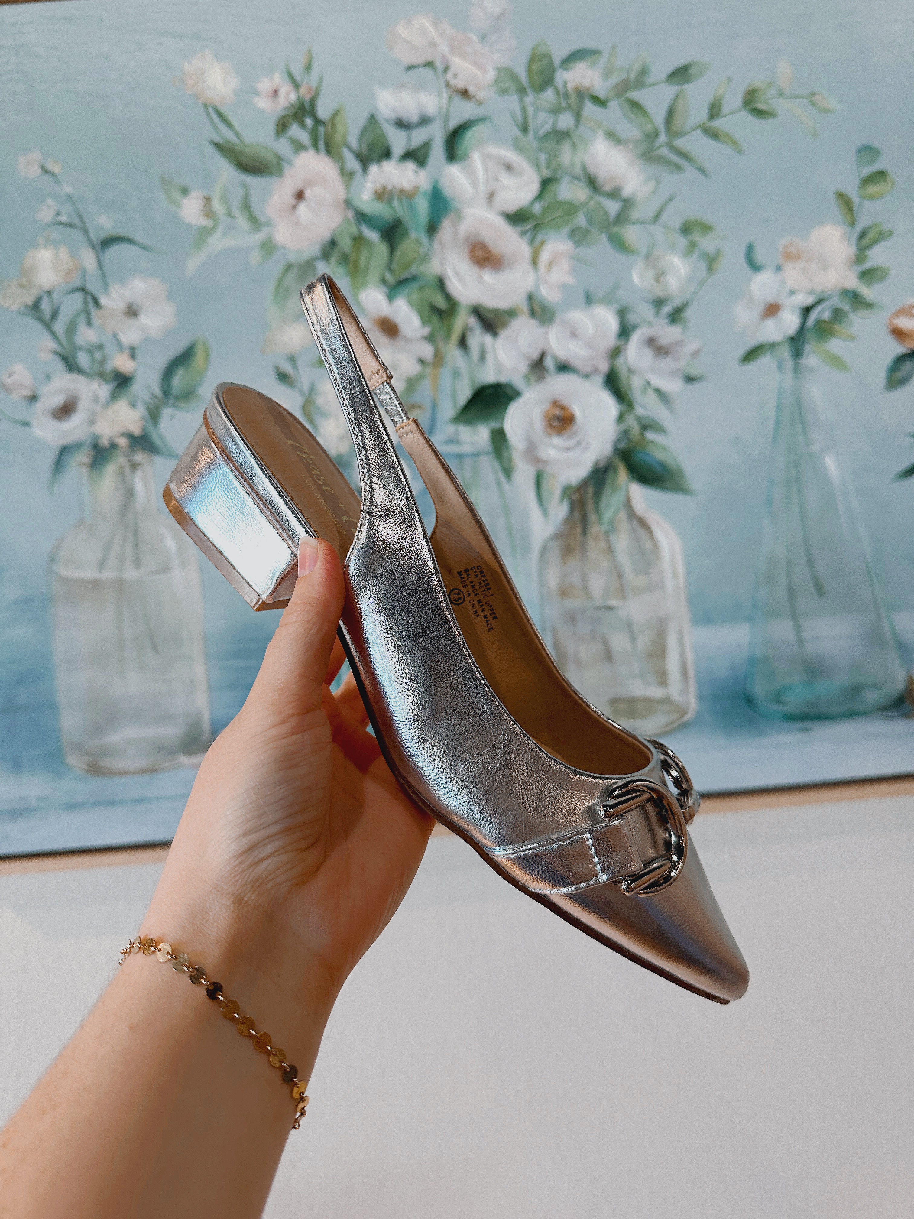 SLINGBACK BLOCK HEEL SANDAL IN SILVER - Blackbird Boutique