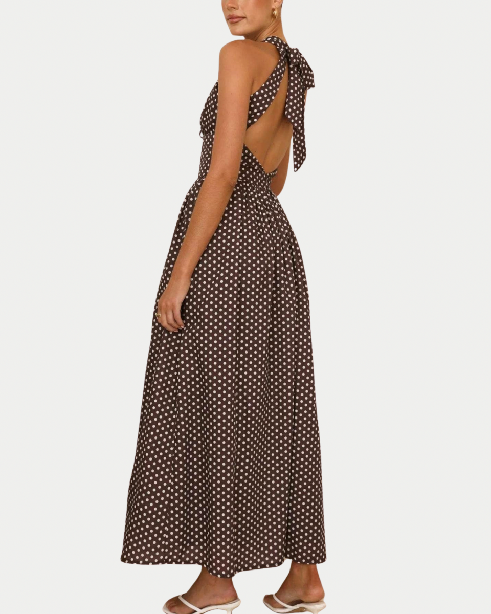 Vivian Dark Brown Polka Dot Halter Dress - Blackbird Boutique