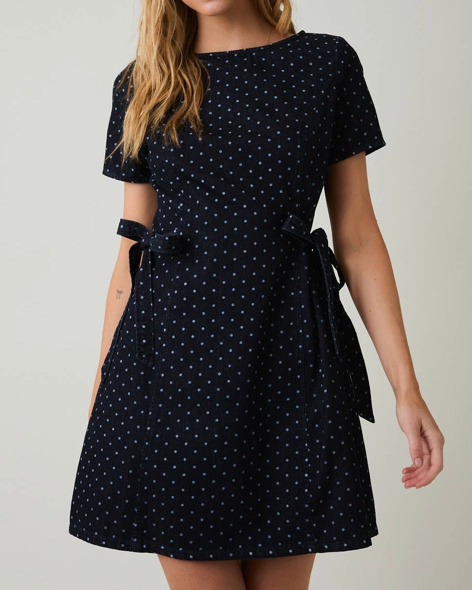 Denim White Dot Side Tie Mini Dress - Blackbird Boutique