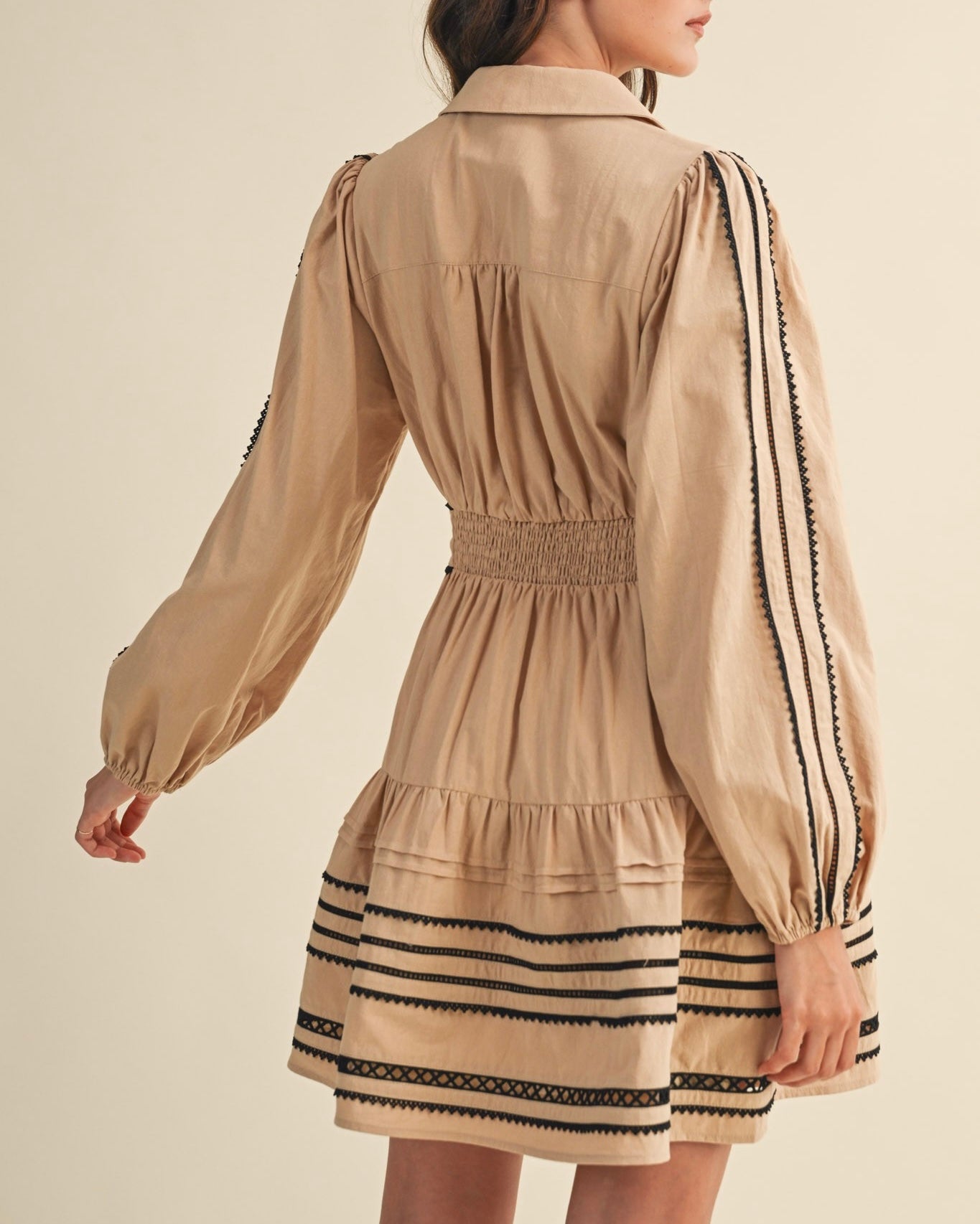 Long Sleeve Shirt Mini Dress in Tan and Black
