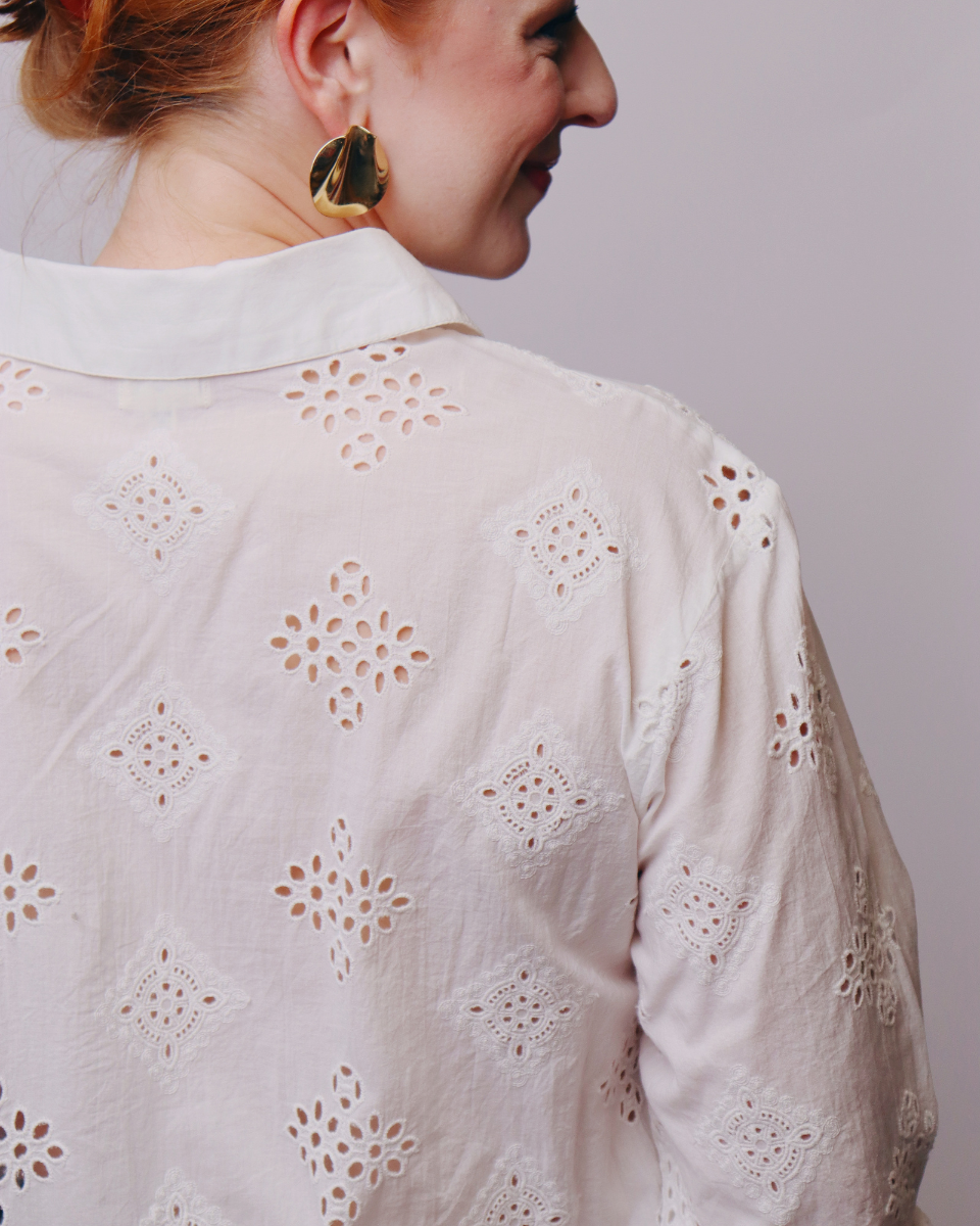 Judy Embroidered Motifs Eyelet Cutwork Button-Front Shirt