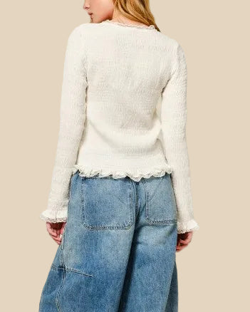 Smocked Button Down Top With Lace Edge
