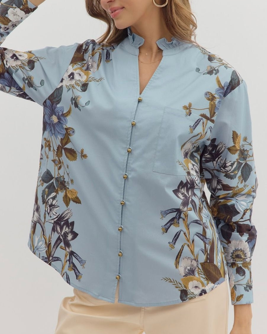 Cotton Top With Floral Accent Long Sleeves - Blackbird Boutique