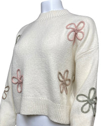 Soft Mock Neck Sweater with Floral Appliques in Cream