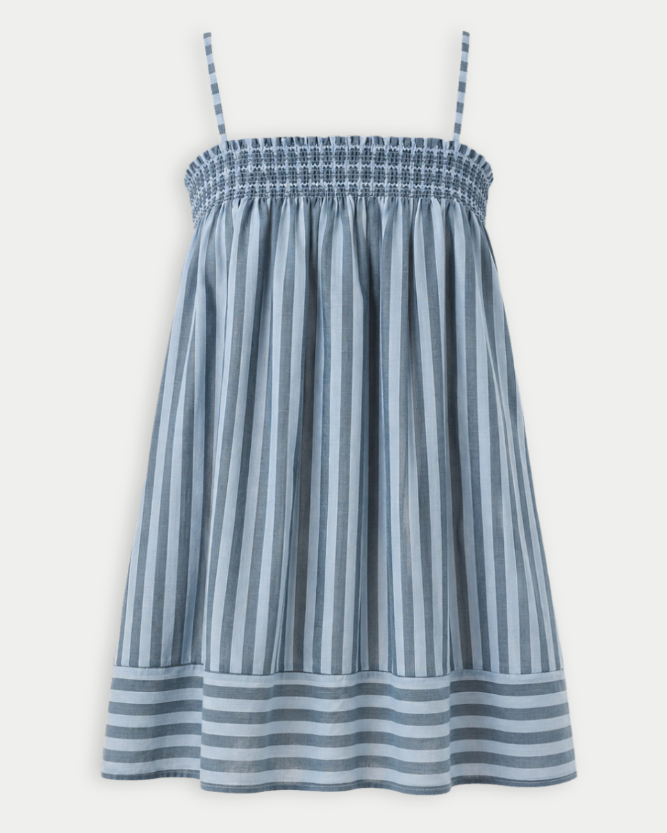 Blue and white striped dress on a white background