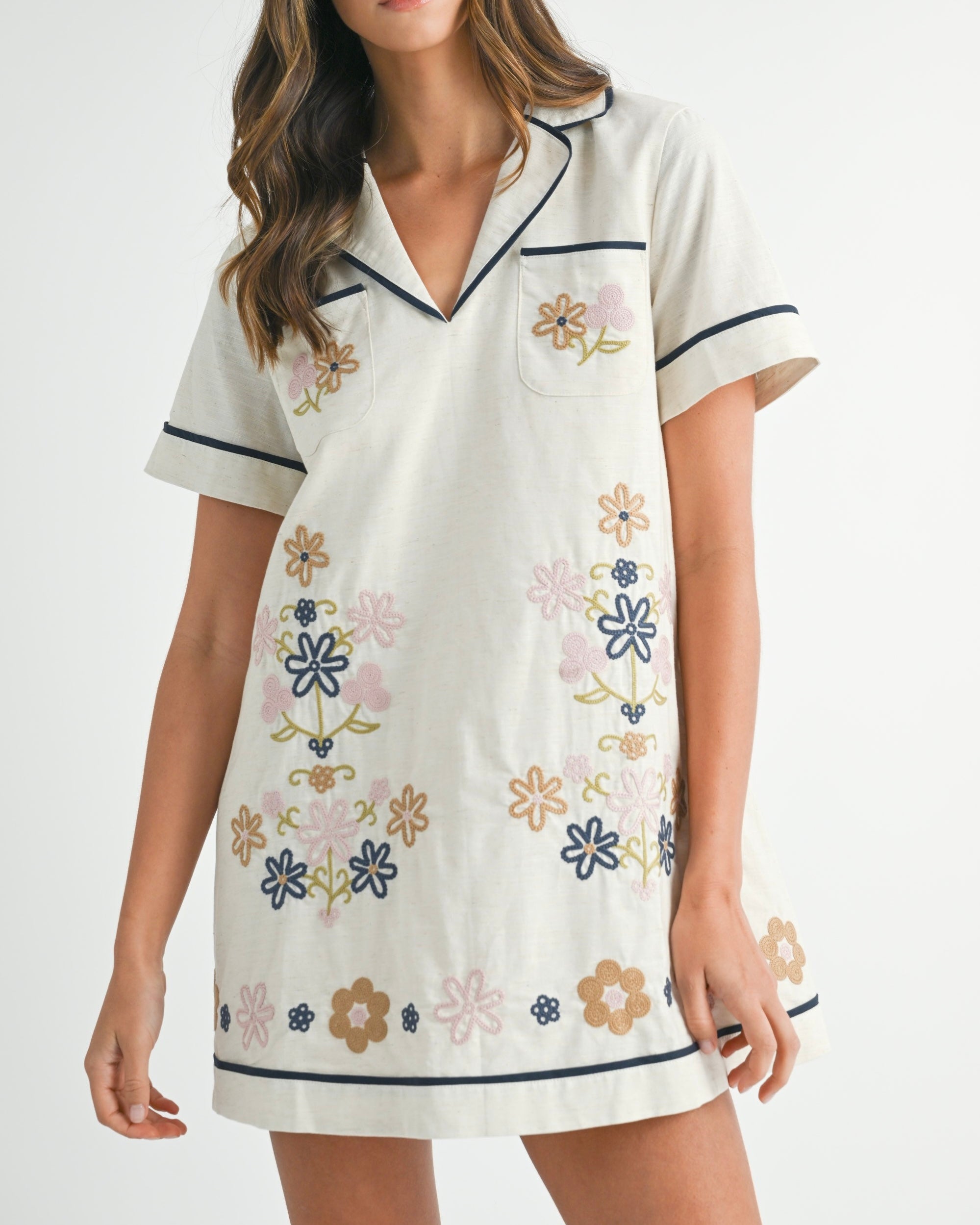 Embroidered Shirt Dress in Oatmeal - Blackbird Boutique