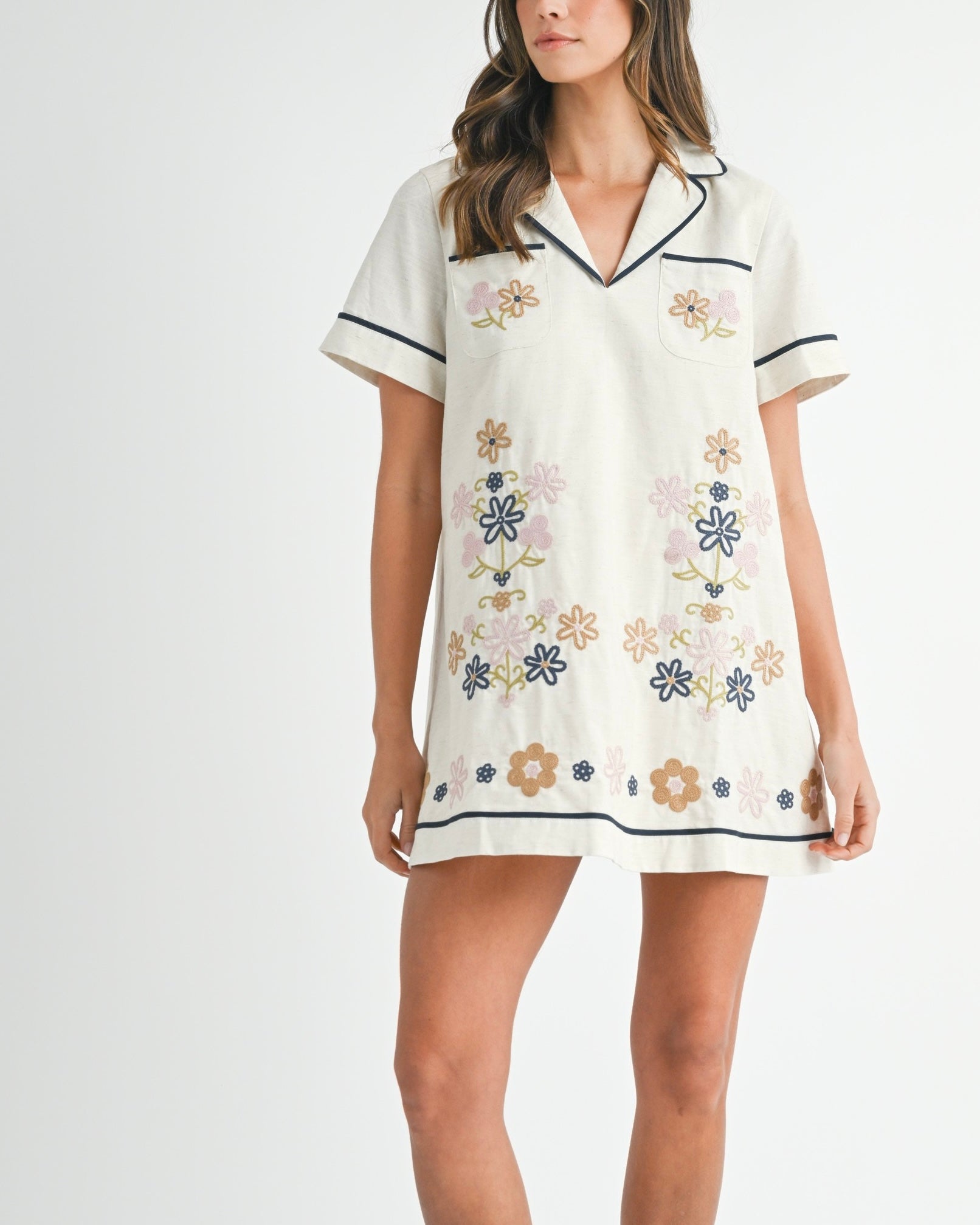 Embroidered Shirt Dress in Oatmeal - Blackbird Boutique