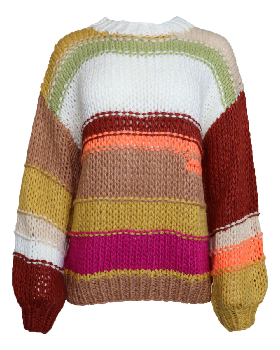 Hand Knit Multi Striped Sweater - Brick Multi - Blackbird Boutique