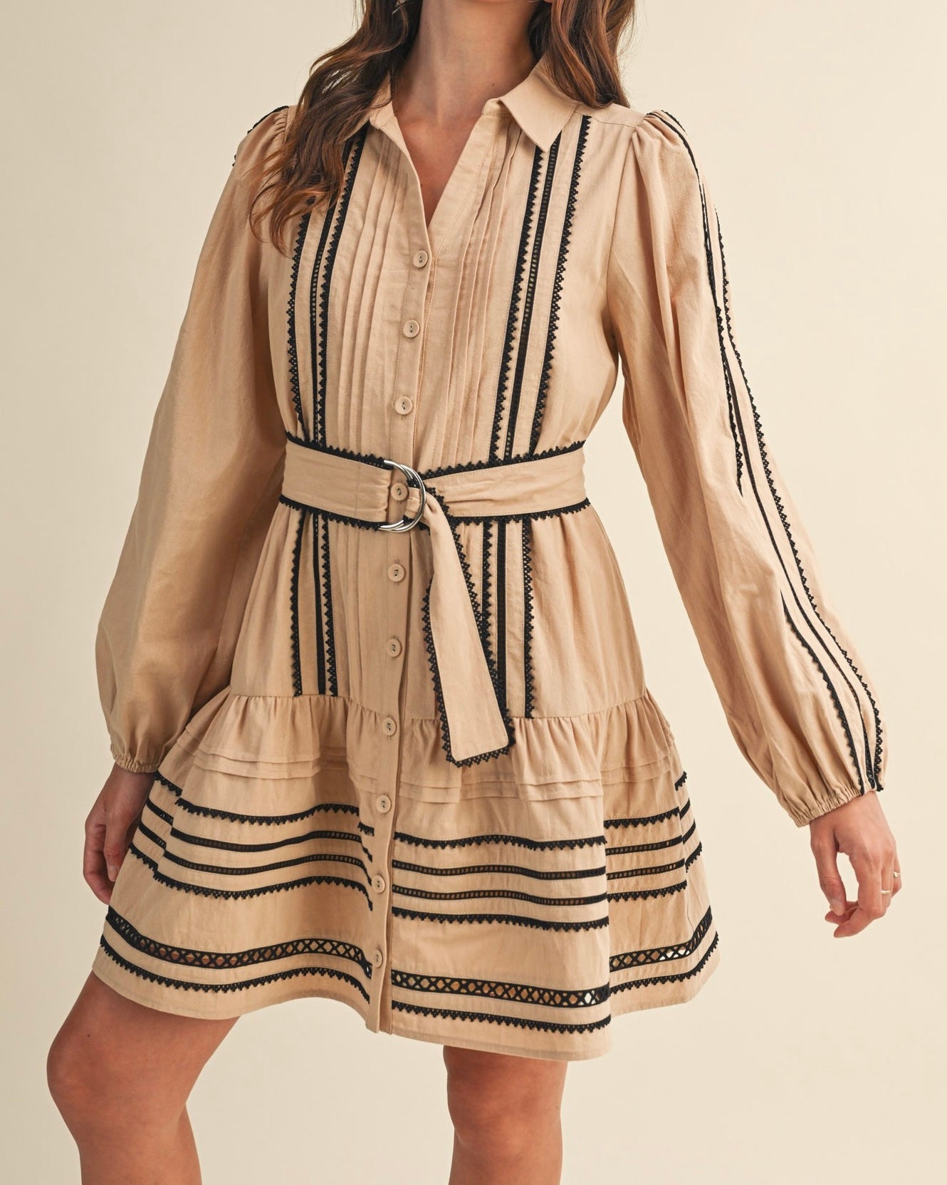 Long Sleeve Shirt Mini Dress in Tan and Black