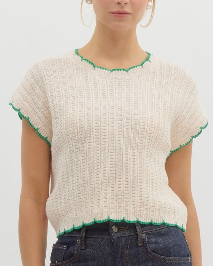 Solid Pullover Knit Sweater Top in Off White With Green Piping - Blackbird Boutique