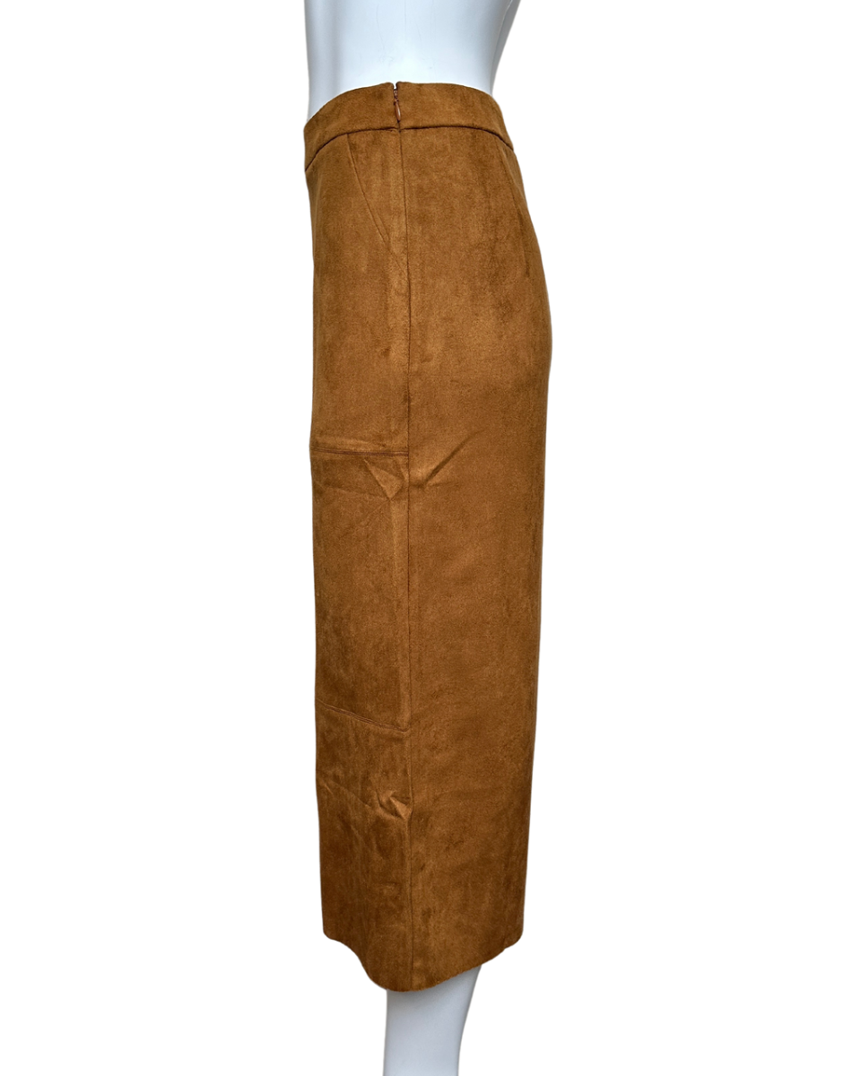 Suede Midi Skirt with Back Slit in Caramel