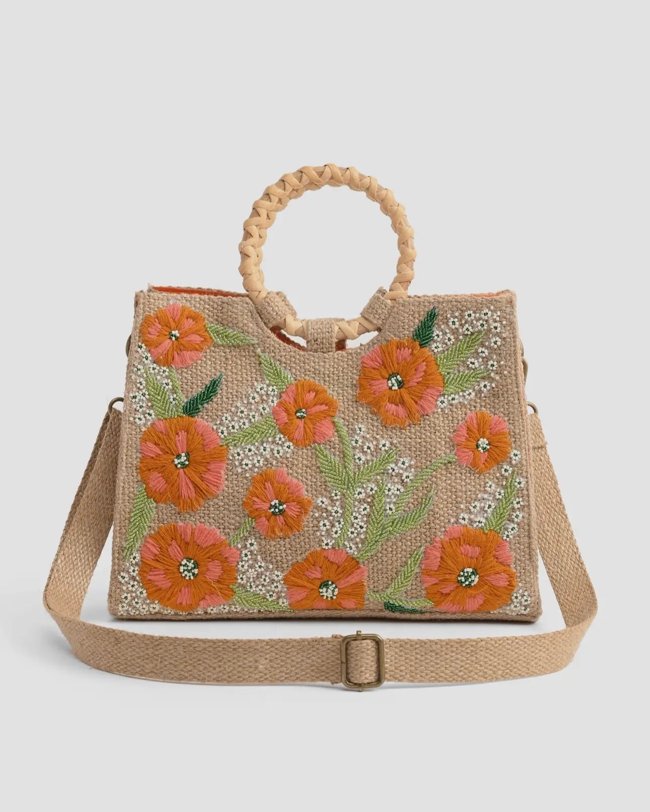 Floral Beaded Jute Handbag