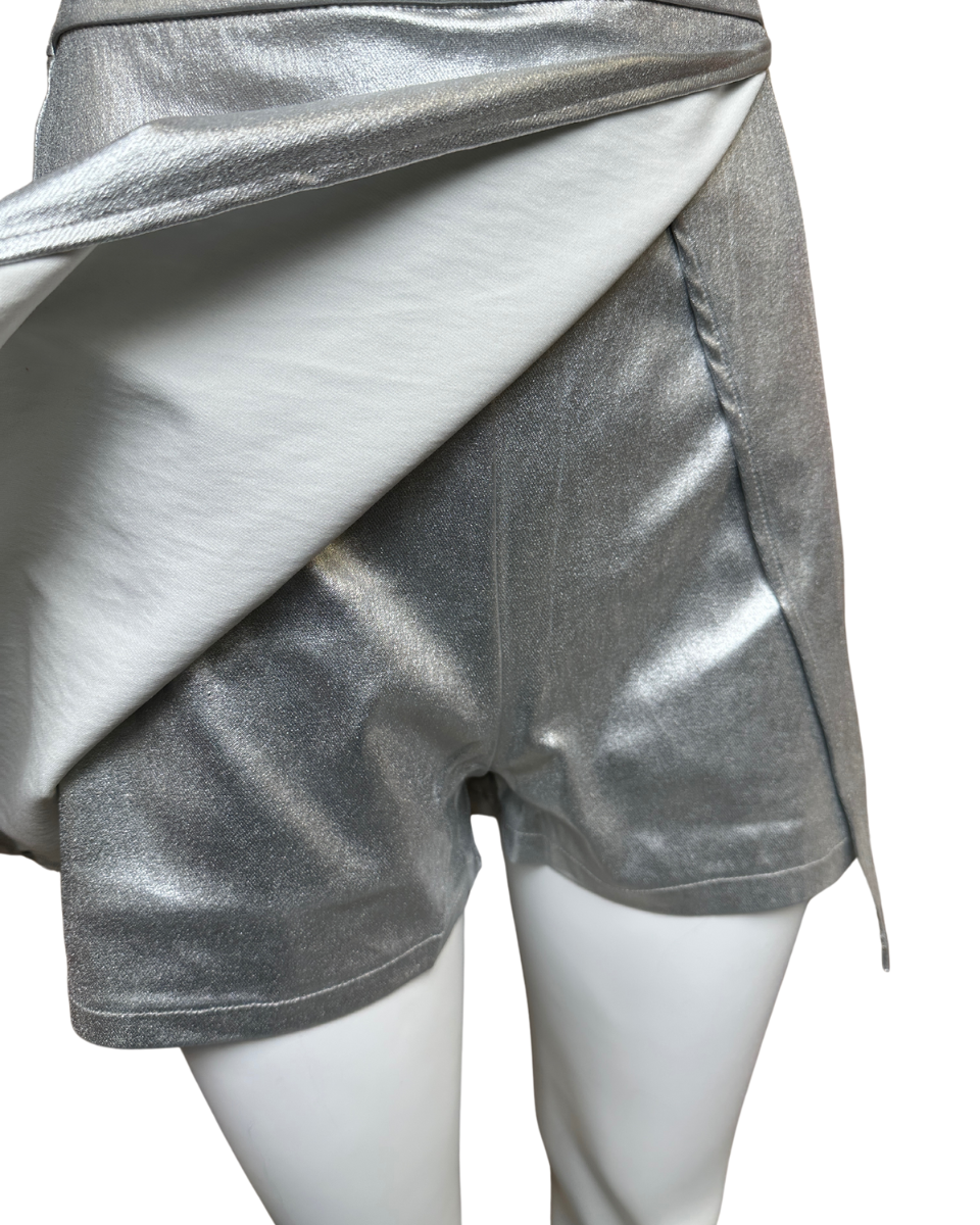 Metallic Stretch Elastic Waist Detail Skort in Silver - Blackbird Boutique