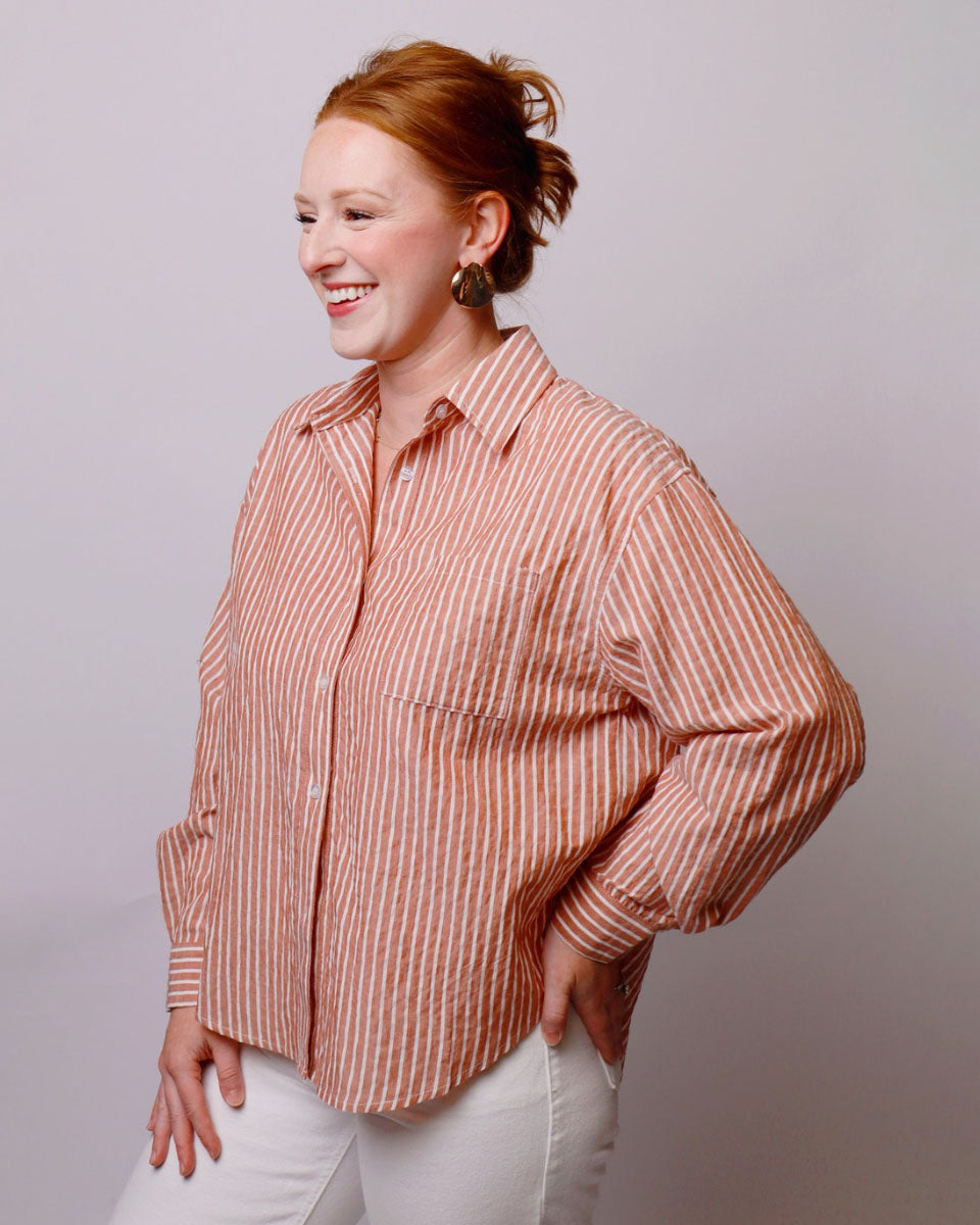 Striped Button-Up Collared Long Sleeve Shirt in Brick