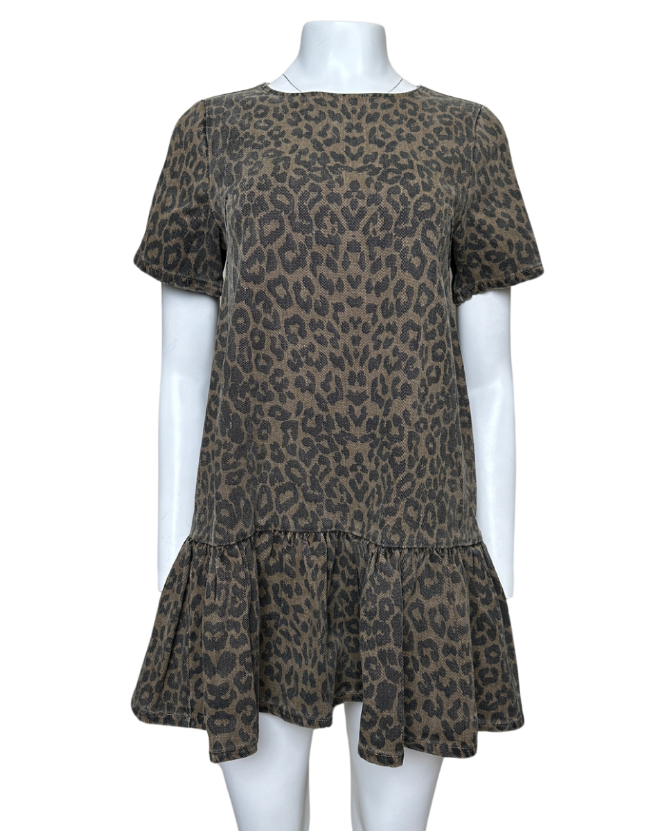 Washed Denim Leopard Print Drop Waist Dress