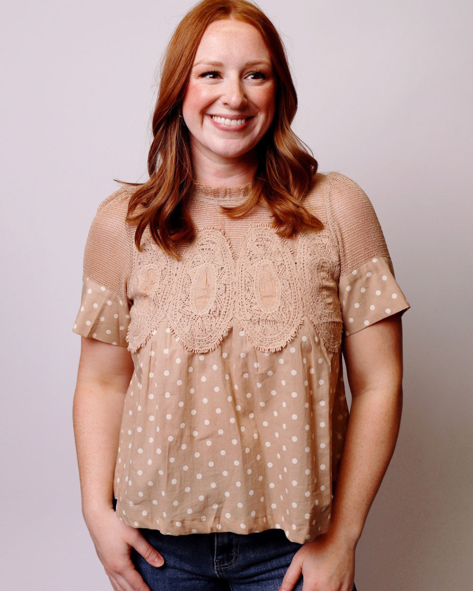 Elaina Polka Dot Lace Trim Cotton Blouse