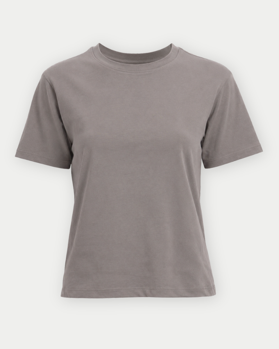 A short-sleeve crewneck t-shirt in a muted taupe-gray color, displayed on a clean, light off-white background.