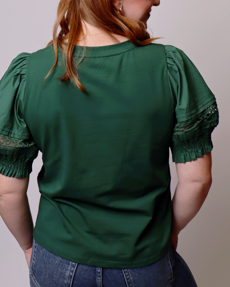 A woman viewed from the back wearing a dark green short-sleeve blouse with puff sleeves and lace trim, paired with blue jeans against a plain light gray background.