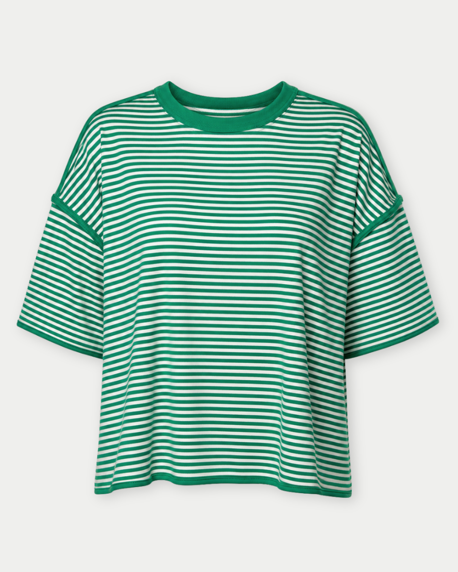 Green and white striped shirt on a light gray background