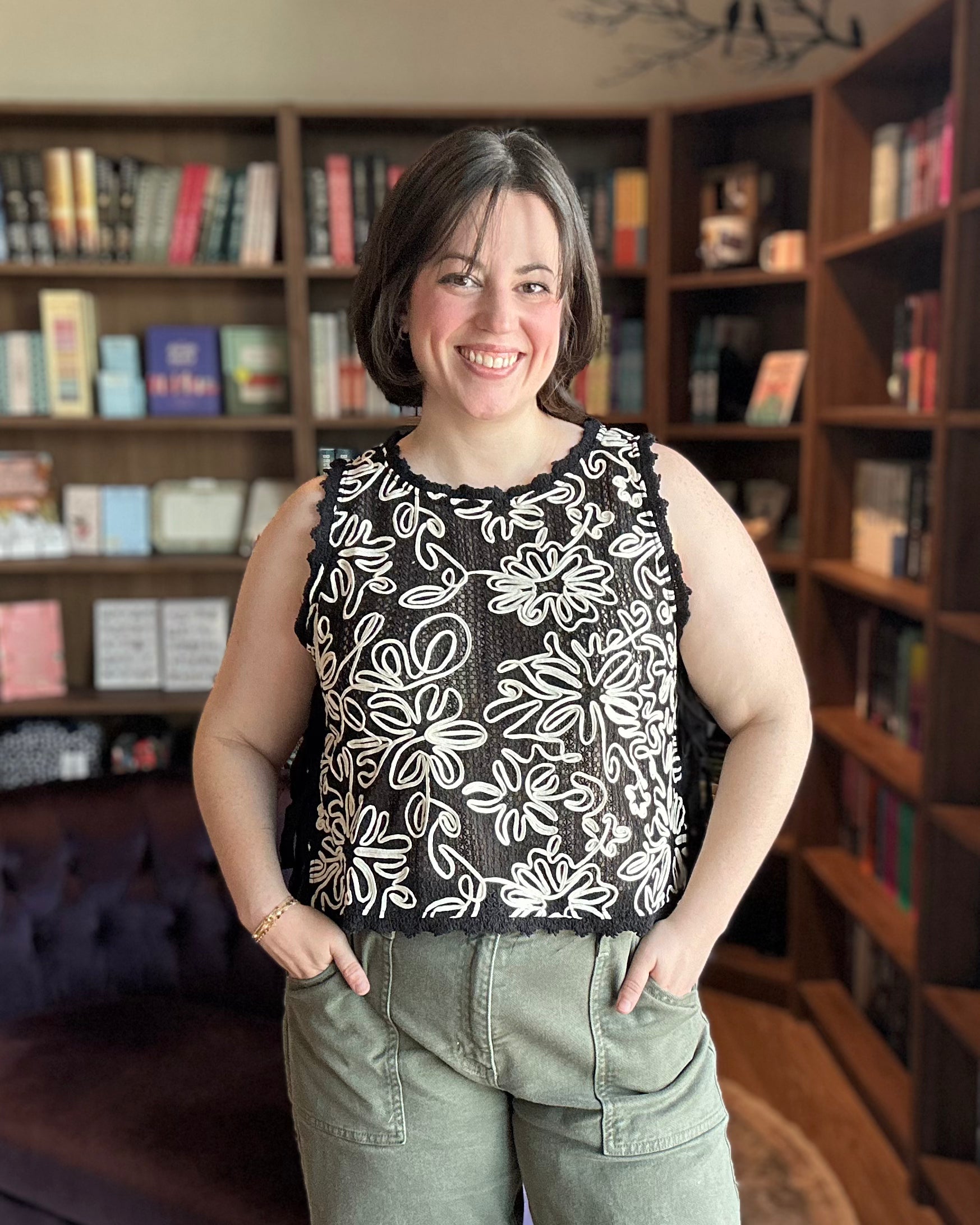 Allie Wildflower Stitch Embroidered Tie-Side Tank Top in Black - Blackbird Boutique