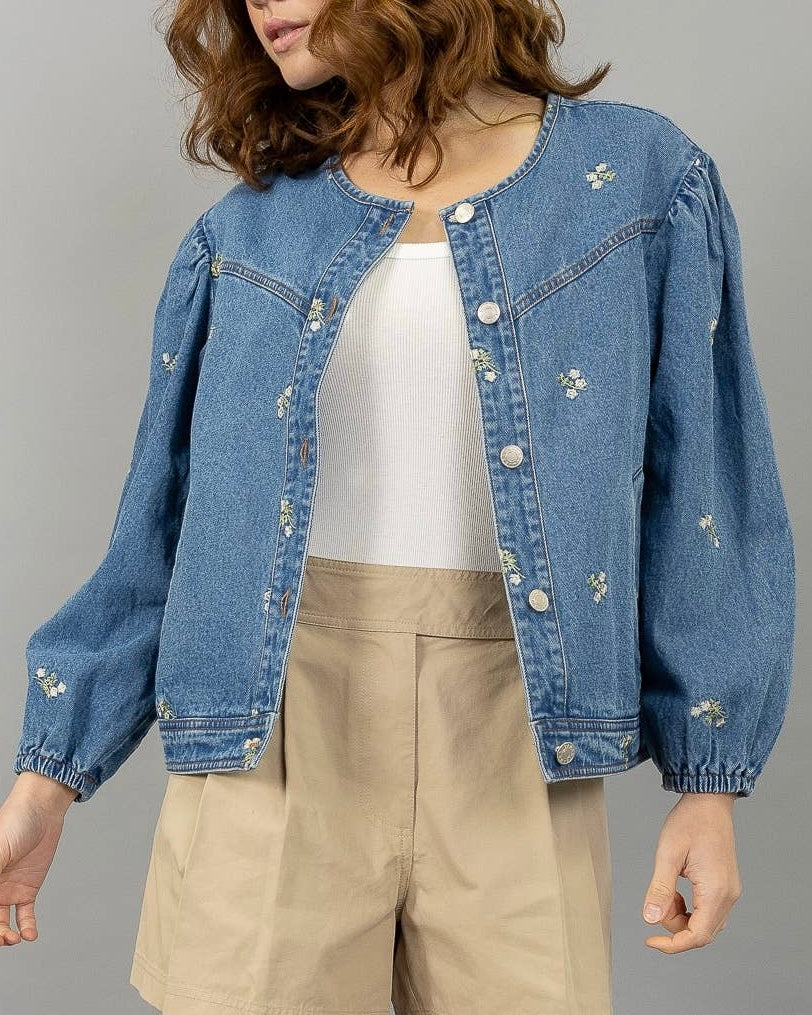 Embroidered Round Neck Denim Jacket - Blackbird Boutique