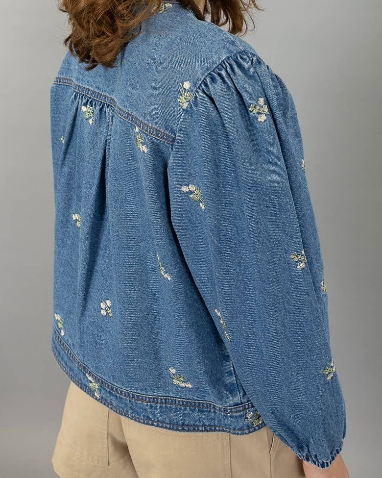 Embroidered Round Neck Denim Jacket - Blackbird Boutique