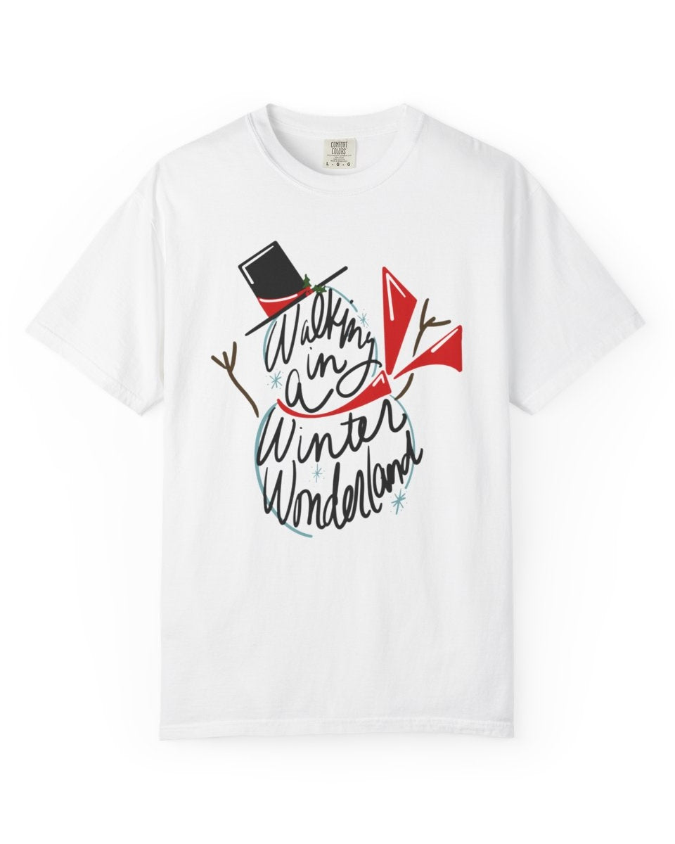 White t-shirt with 'Walking in a Winter Wonderland' design on a white background