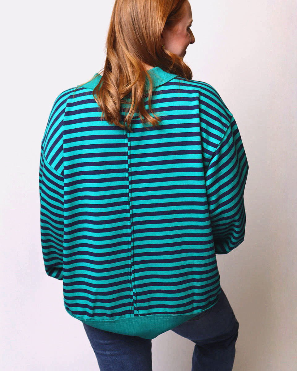Gemma Oversized Contrast Stripe Mock Neck Terry Pullover in Emerald/Navy - Blackbird Boutique