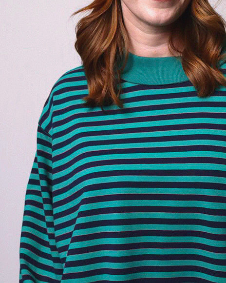 Gemma Oversized Contrast Stripe Mock Neck Terry Pullover in Emerald/Navy - Blackbird Boutique