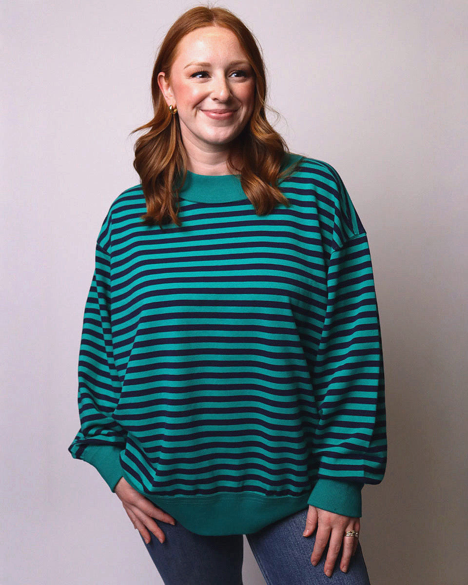 Gemma Oversized Contrast Stripe Mock Neck Terry Pullover in Emerald/Navy - Blackbird Boutique