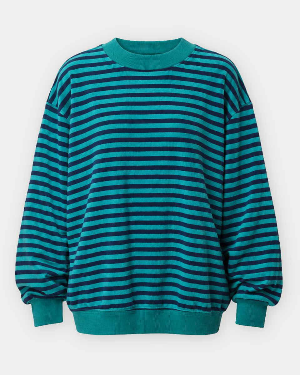 Gemma Oversized Contrast Stripe Mock Neck Terry Pullover in Emerald/Navy - Blackbird Boutique