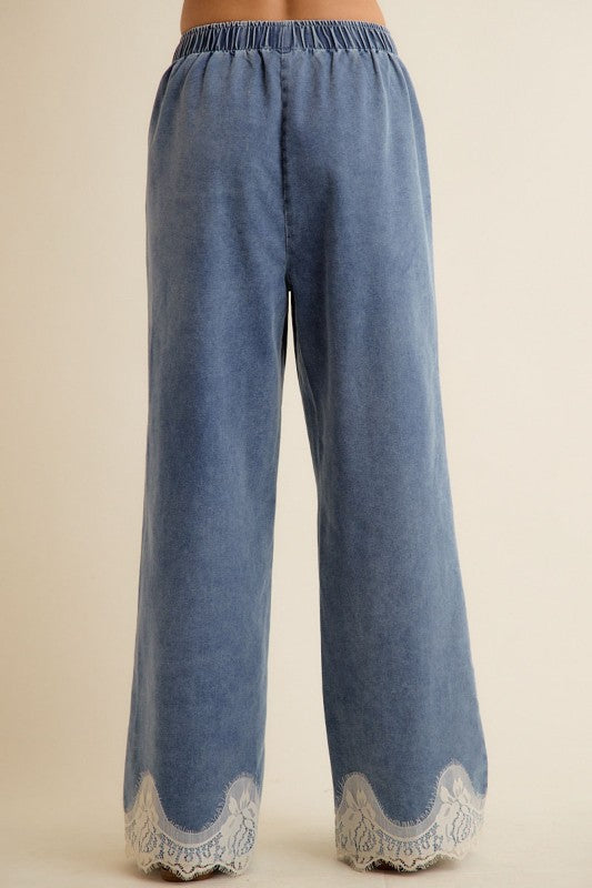 Gloria Lace Trim Elastic Waist Wide Leg Denim Pants