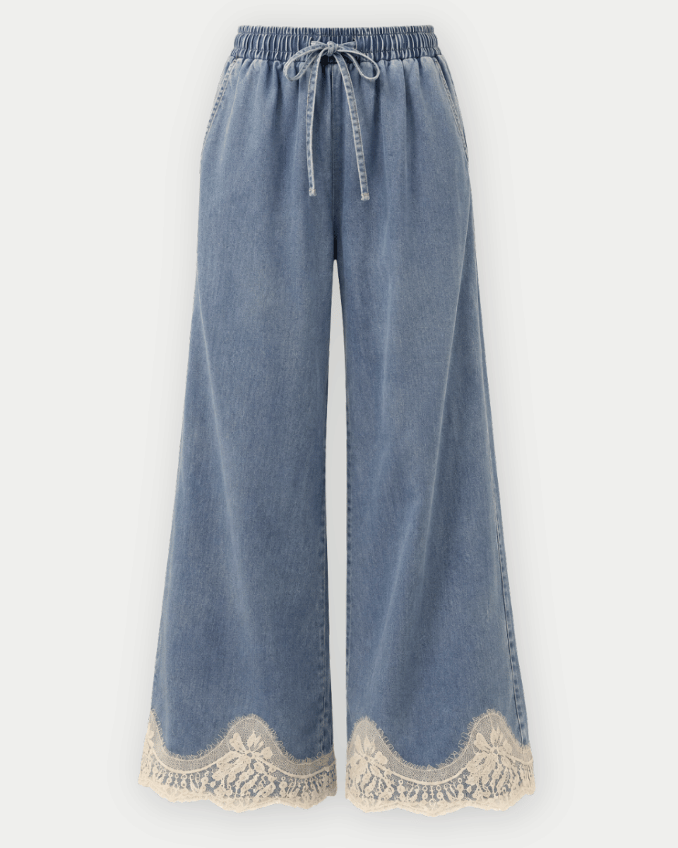 Gloria Lace Trim Elastic Waist Wide Leg Denim Pants