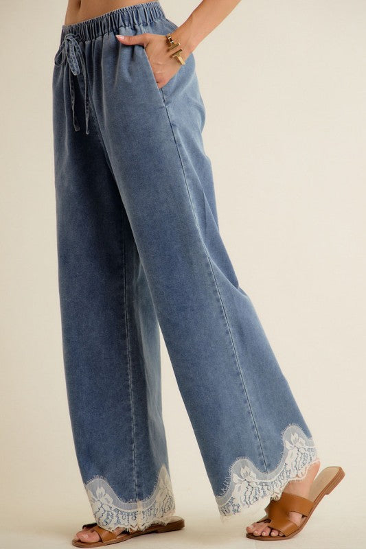 Gloria Lace Trim Elastic Waist Wide Leg Denim Pants